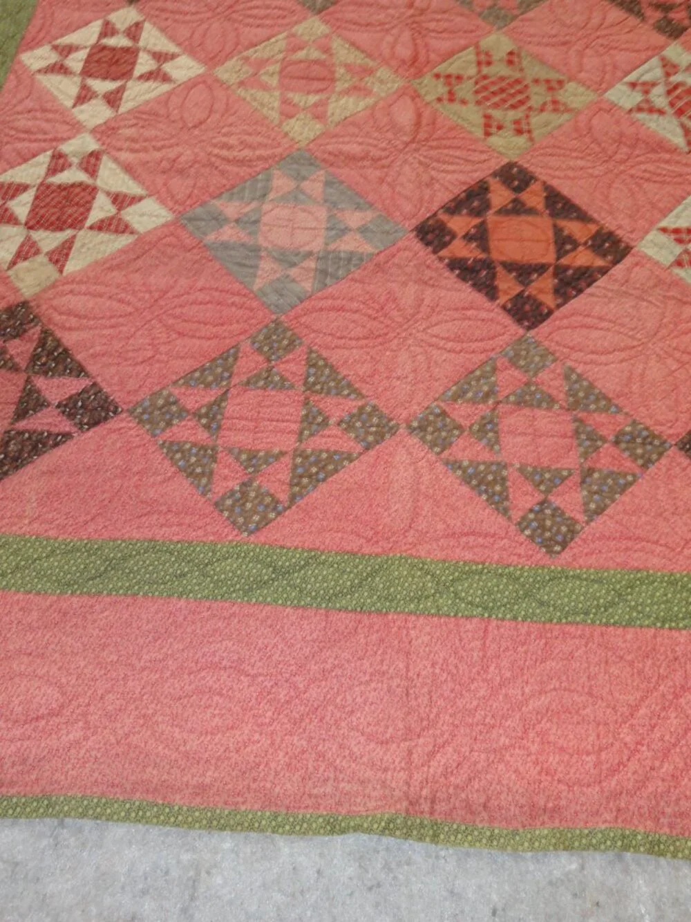Antique Signed 1896 Red, Green, Brown, Star Patterned Quilt EXCELLENT CONDITION!